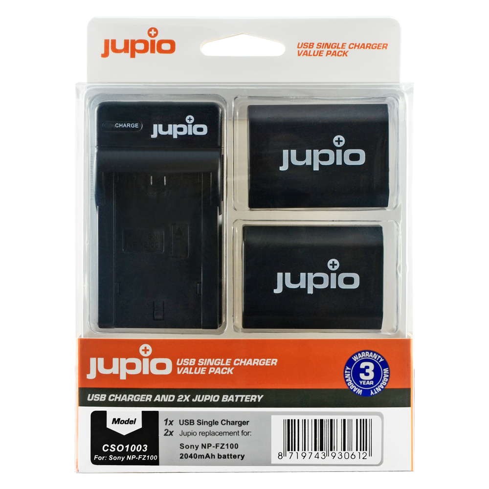 (EOL) Jupio Value Pack: 2x Battery NP-FZ100 2040mAh + USB Single Charger (not for a7R MKIV / A9 II)