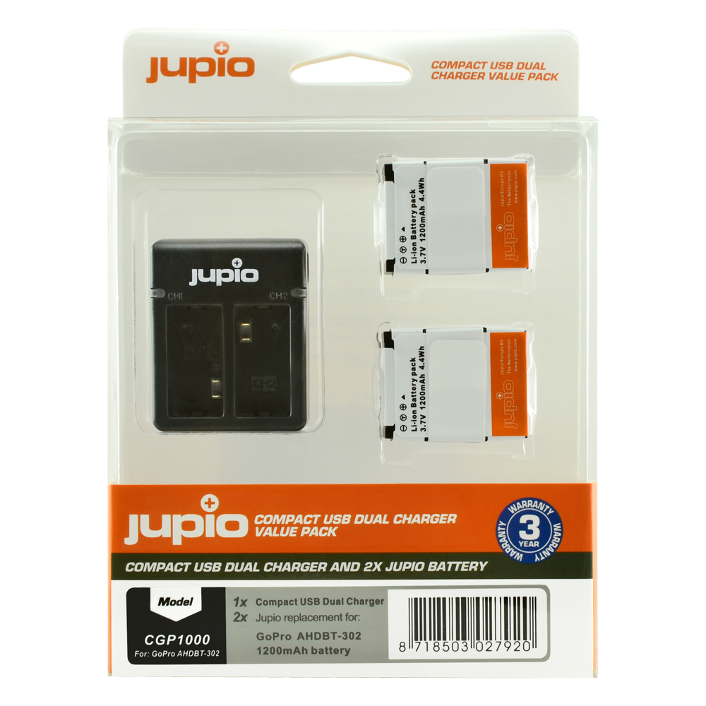 Jupio Value Pack: 2x Battery GoPro AHDBT-302 HERO3+ 1200mAh + Compact USB Dual Charger