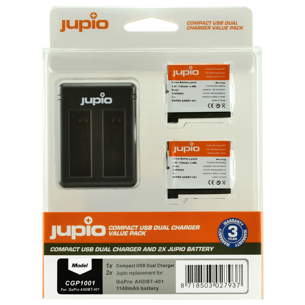Jupio Value Pack: 2x Battery GoPro AHDBT-401 HERO4 1160mAh + Compact USB Dual Charger
